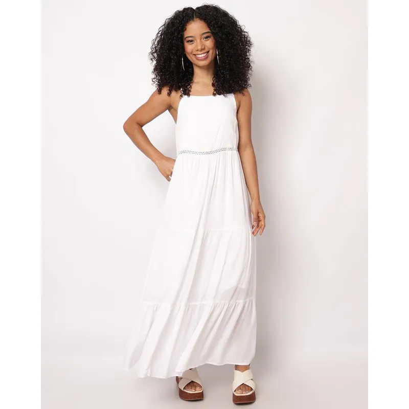 Vestido Feminino Berry & Co. Longo Viscose Crinckle Branco G