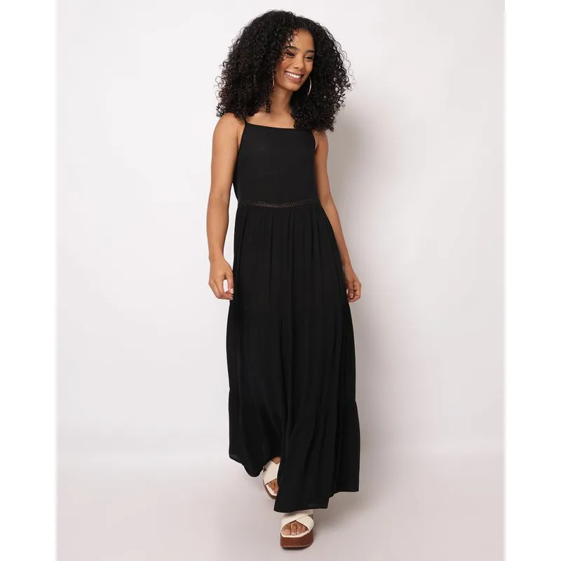 Vestido Feminino Berry & Co. Longo Viscose Crinckle Preto GG