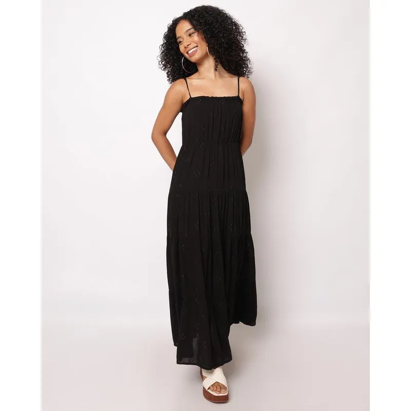 Vestido Feminino Longo Berry & Co. Viscose Bordado Alcinha Preto GG