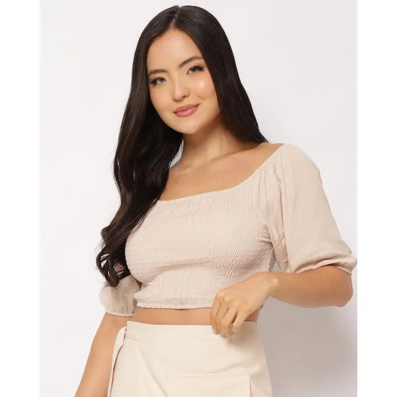 Blusa Feminina Berry & Co. Viscose Manga Bufante com Lastex Bege M