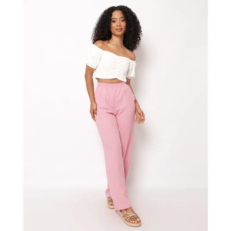 Calça Feminina Berry & Co. Reta Texturizada com Bolsos Rosa PP
