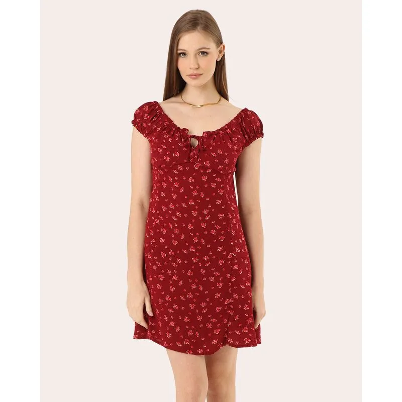 Vestido Feminino Berry & Co. Curto Viscose Estampado Vinho M