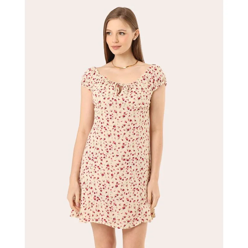 Vestido Feminino Curto Viscose Berry & Co. Floral Bege P