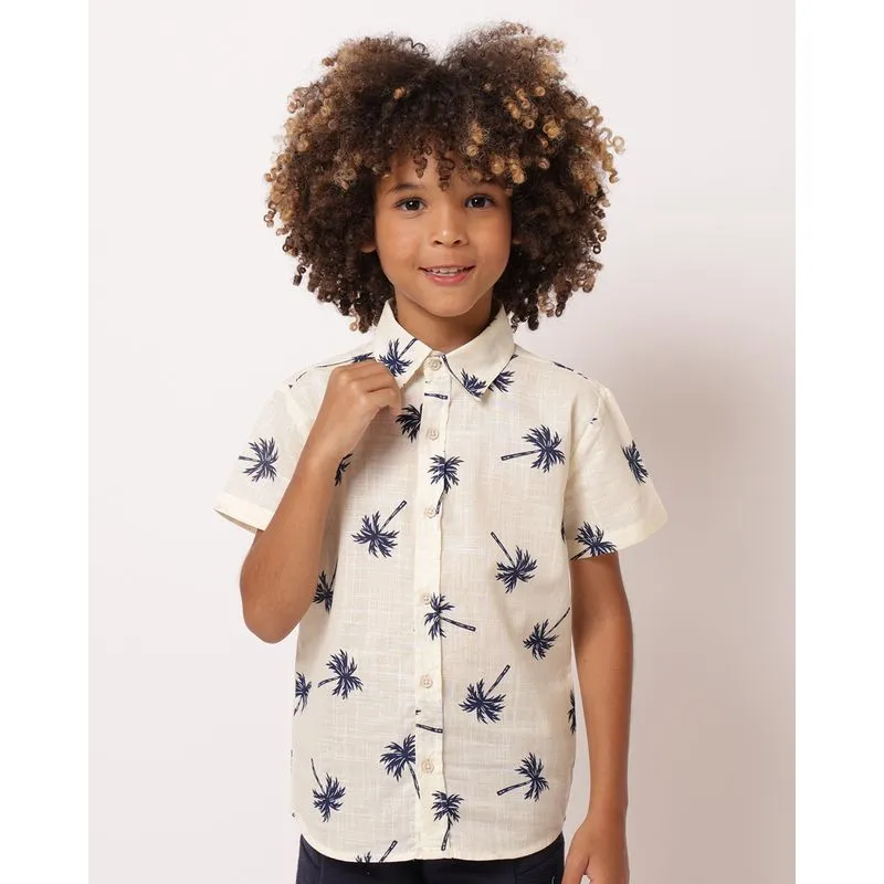 Camisa Infantil Algodão Texturizado Estampada Tropical Off White 4