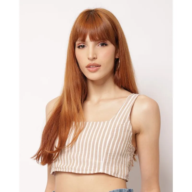 Regata Feminina Berry & Co. Cropped Listrado com Lastex Bege M