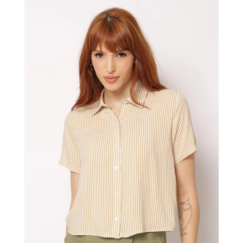 Camisa Feminina Berry & Co. Cropped Viscose Listrada Bege G