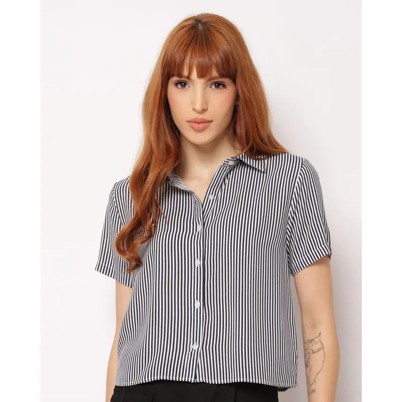 Camisa Feminina Viscose Berry & Co. Cropped Listrada Marinho M