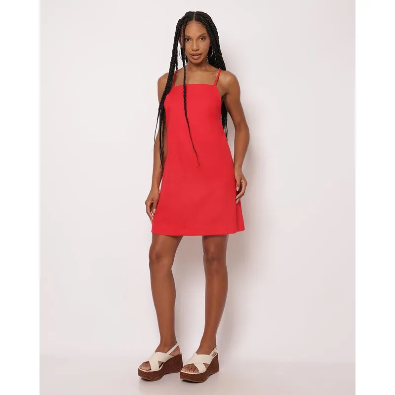Vestido Feminino Curto Viscose com Linho Alcinha Vermelho P