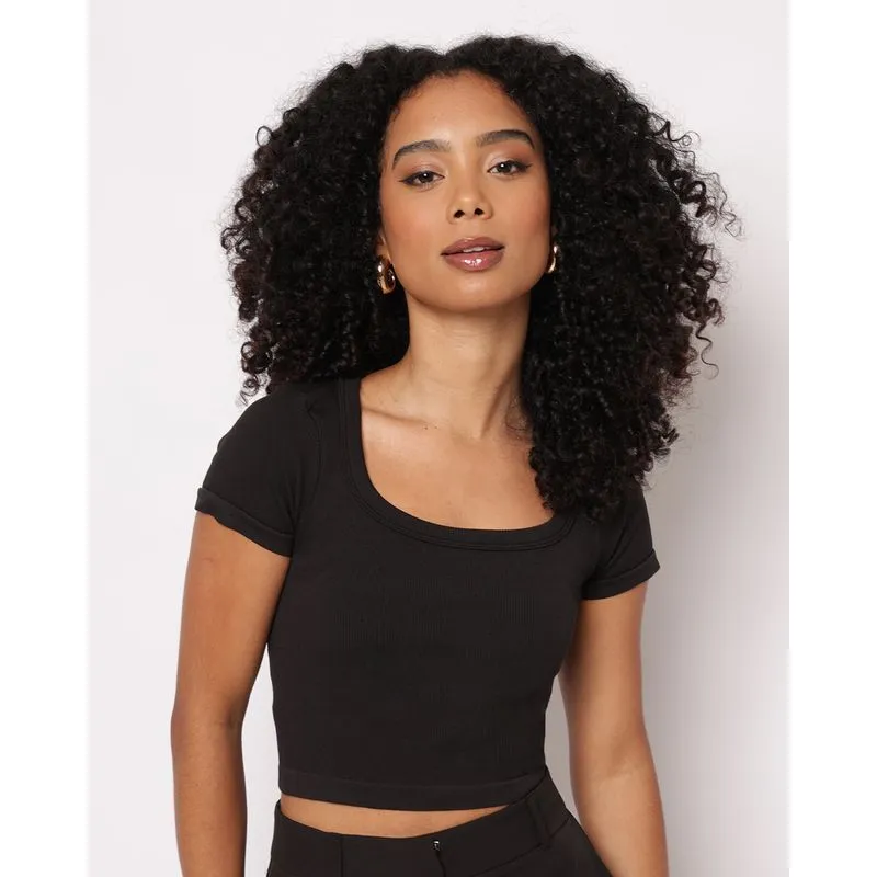 Blusa Feminina Cropped Canelada Manga Curta Preta G