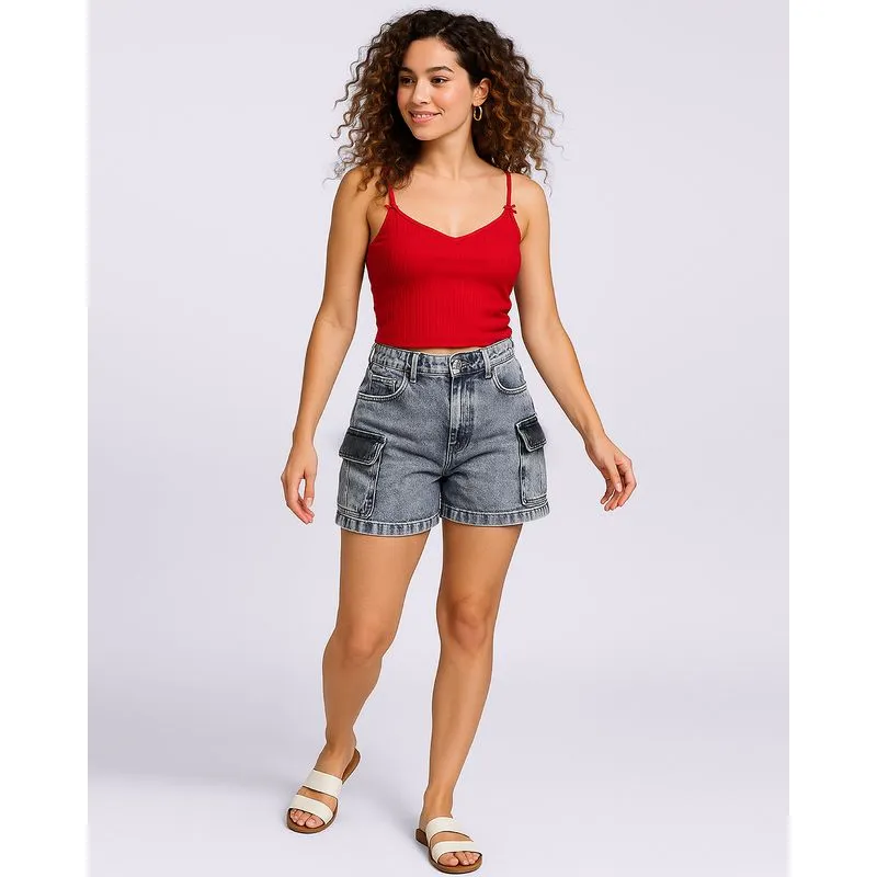 Bermuda Jeans Feminina Marmorizada Com Bolsos Cargo Azul 42