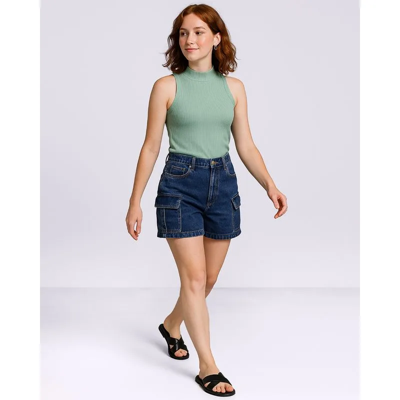 Bermuda Jeans Feminina com Bolsos Cargo Azul 44
