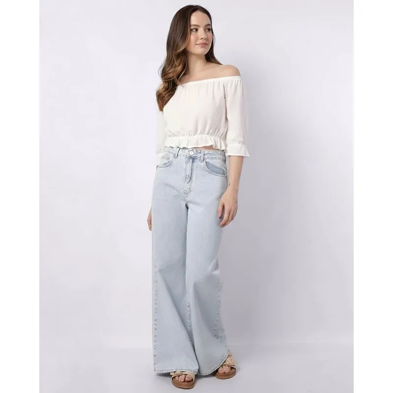 Calça Jeans Feminina Wide Leg Marmorizada com Bolsos Azul 44