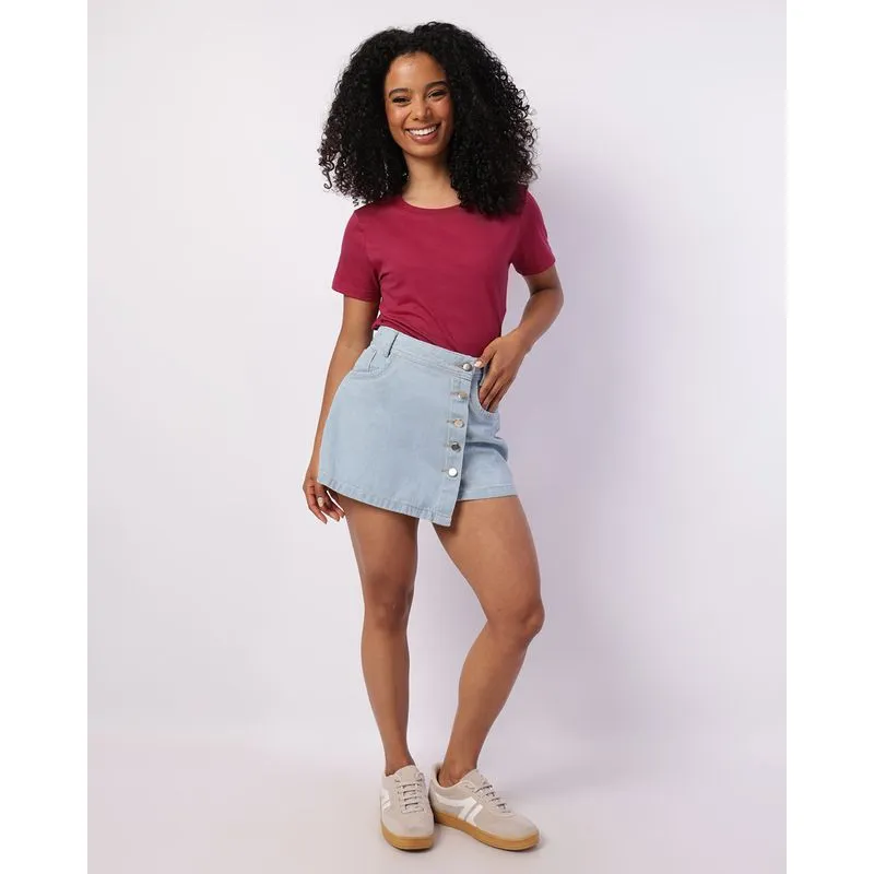 Short Saia Jeans Feminino com Botões Azul 40