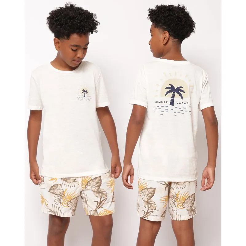 Camiseta Juvenil Texturizada Estampa Tropical Frente e Costas Off White 16