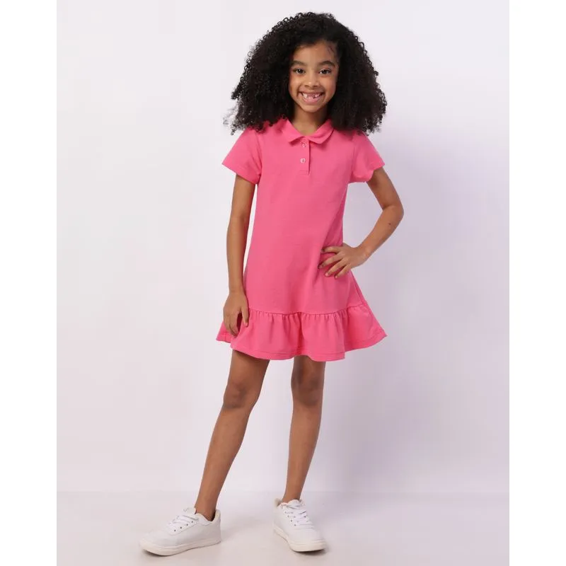 Vestido Infantil Curto Piquet Gola Dobrável Rosa 8