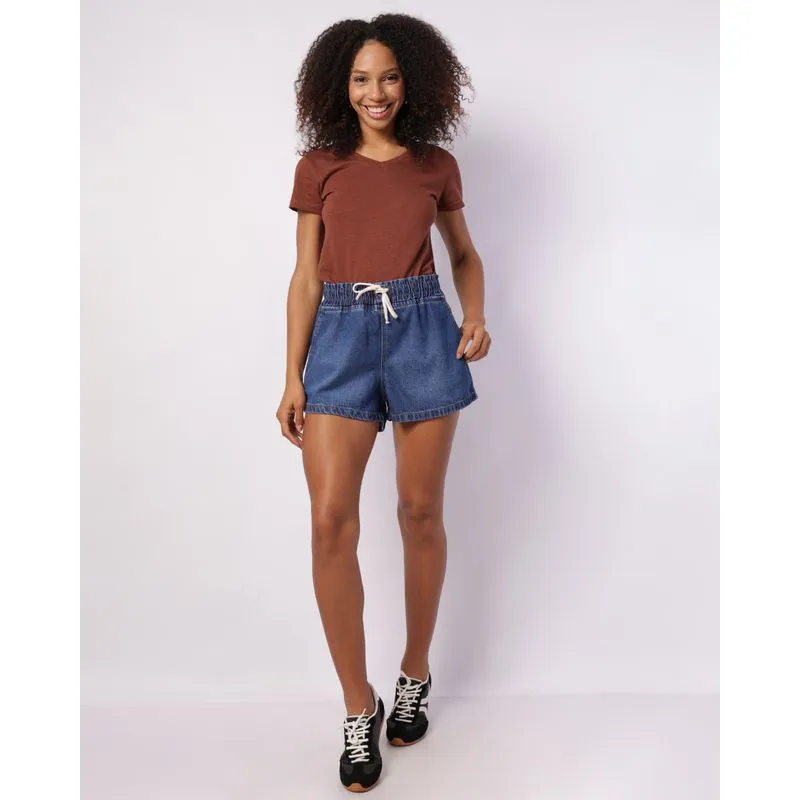 Short Jeans Feminino Algodão com Cordão Bolsos Azul 46