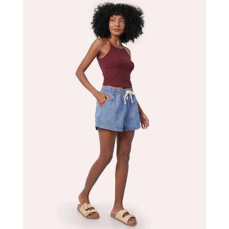 Short Jeans Feminino Algodão com Bolsos Cordão Azul 40