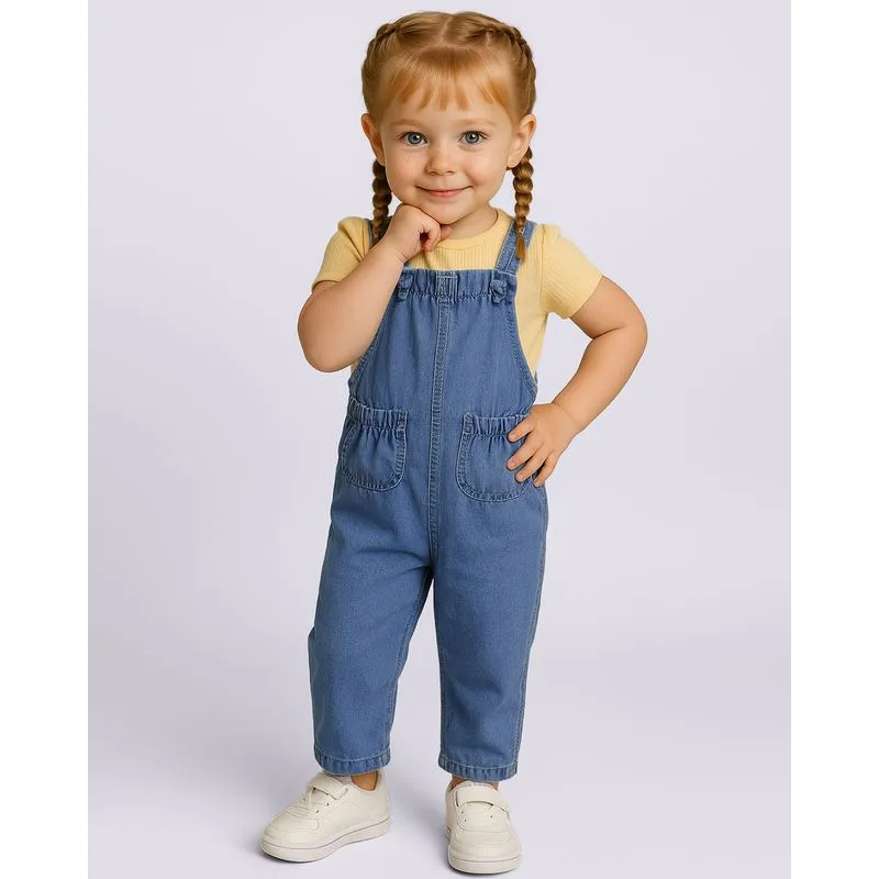 Jardineira Jeans Bebê Longa com Bolsos Elástico Azul 3