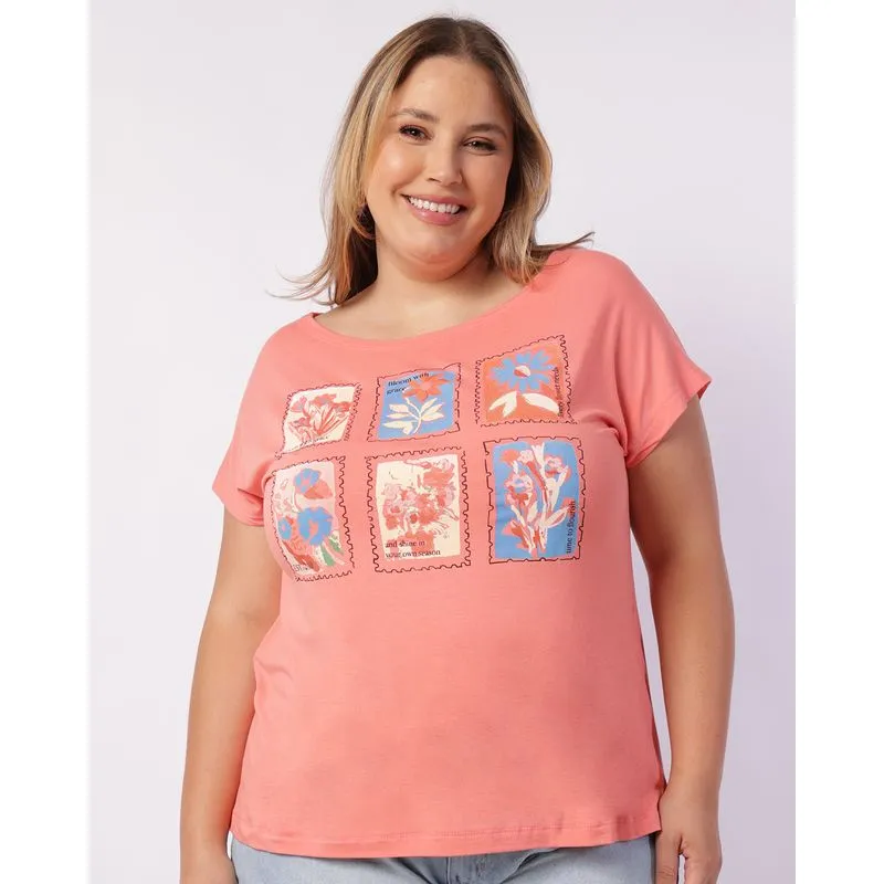 Blusa Plus Size Feminina Estampa Frontal Manga Curta Laranja G2