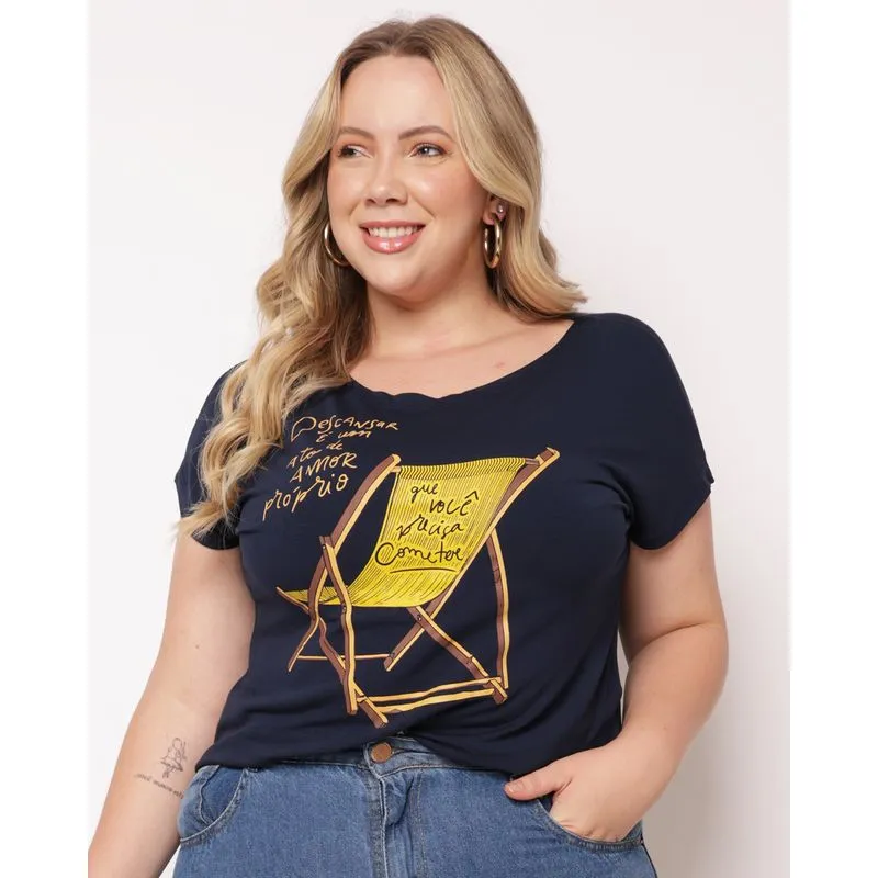 Blusa Plus Size Feminina com Estampa Frontal Marinho G2