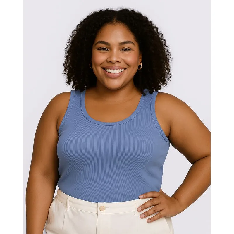 Regata Plus Size Feminina Canelada Básica Azul G3