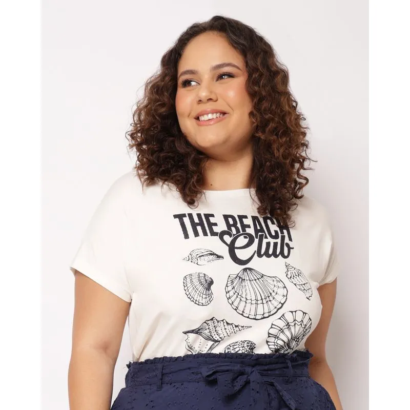 Blusa Plus Size Feminina Estampa Conchas Manga Curta Off White G3