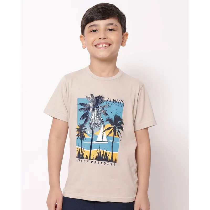Camiseta Infantil Manga Curta Estampa Tropical Texturizada Bege 10