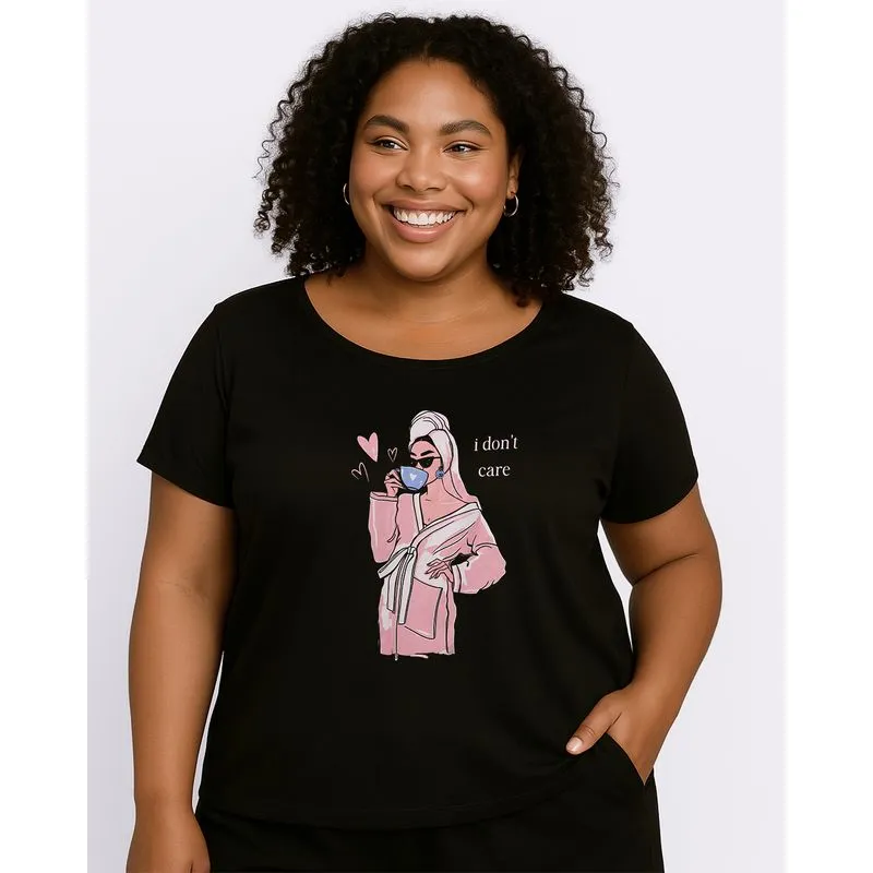 Blusa Plus Size Feminina Estampa Frontal Manga Curta Preta G3
