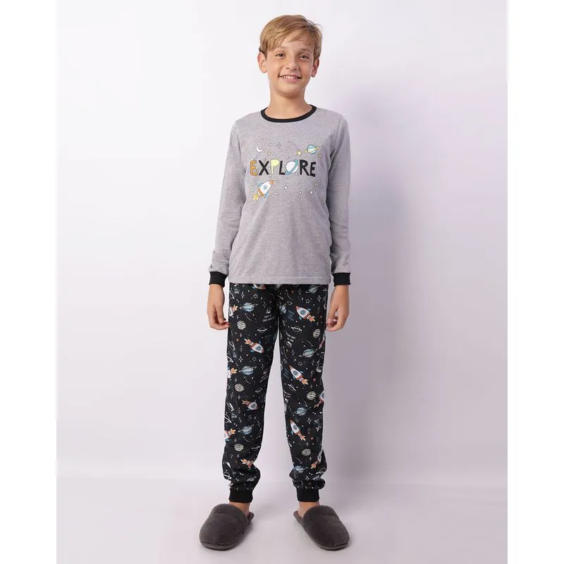 Pijama Juvenil Longo Estampa Foguete Cinza 14