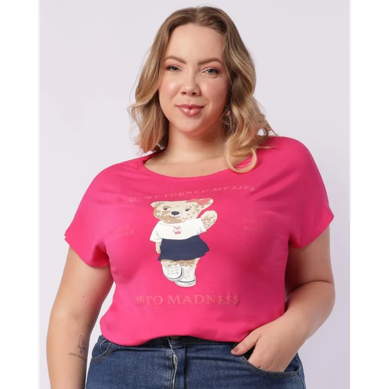 Blusa Plus Size Feminina Estampa Ursinho Manga Curta Rosa G2