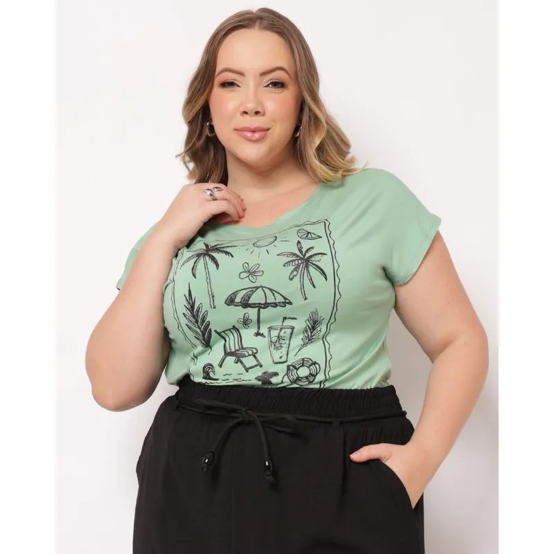 Blusa Plus Size Feminina Estampa Tropical Manga Curta Verde G1