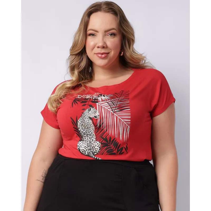 Blusa Plus Size Feminina Estampa Onça Manga Curta Vermelha G1