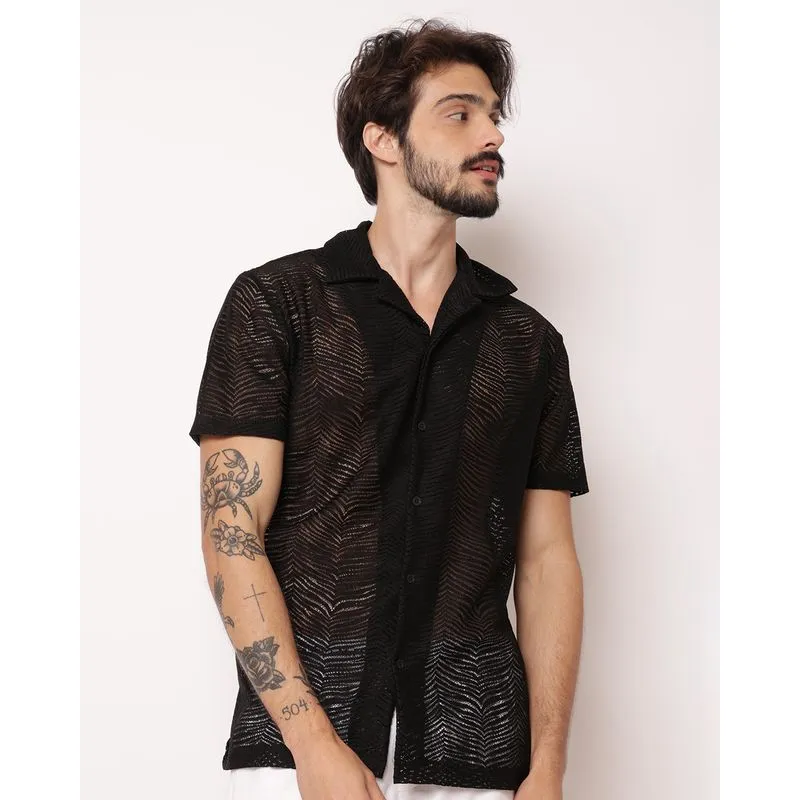 Camisa Masculina Manga Curta Telada Folhagem Preta XG