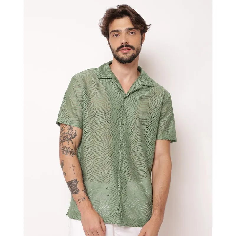 Camisa Masculina Manga Curta Telada Folhagem Verde P