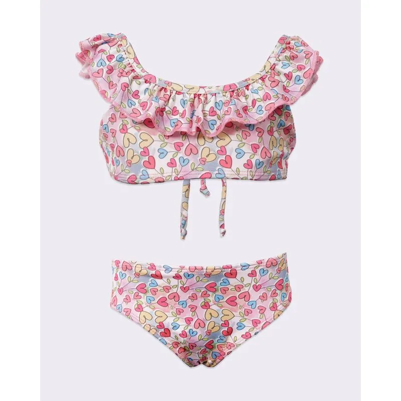 Conjunto Biquíni Infantil Estampado Corações Decote com Babado Rosa 8