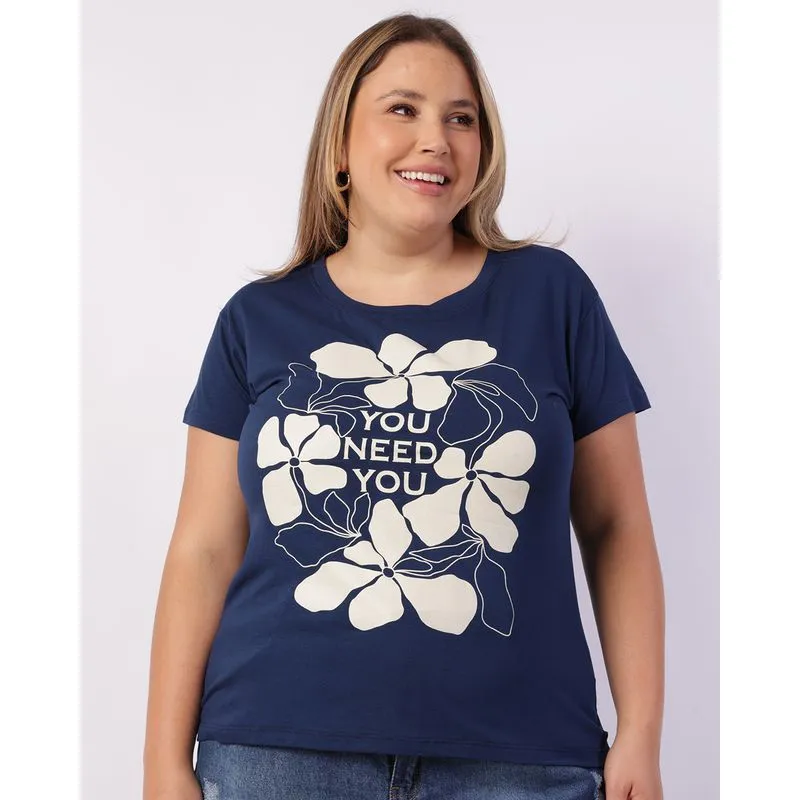 Blusa Plus Size Feminina Estampa Flores Manga Curta Marinho G3