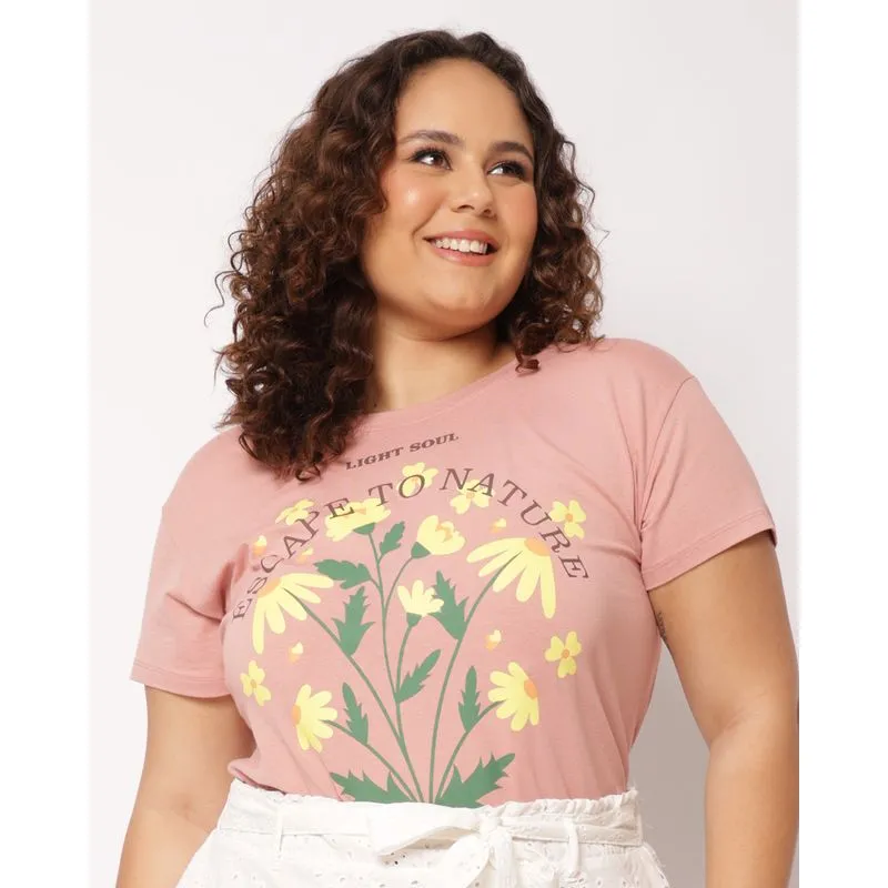 Blusa Plus Size Feminina Estampa Flores Manga Curta Rosa G1