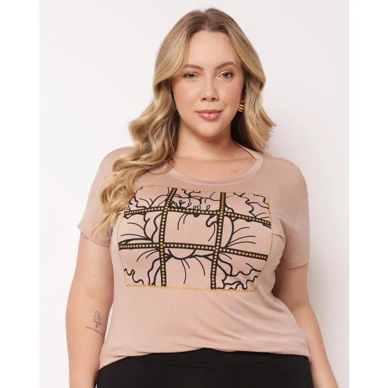 Blusa Plus Size Feminina com Estampa Frontal Bege G4