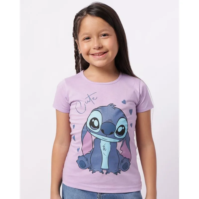 Camiseta Infantil Algodão Disney Stitch Manga Curta Lilás 10
