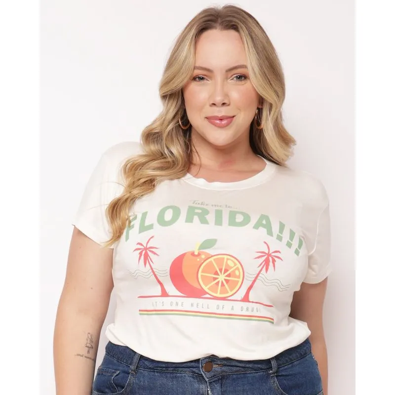 Blusa Plus Size Feminina com Estampa Tropical Manga Curta Off White G5