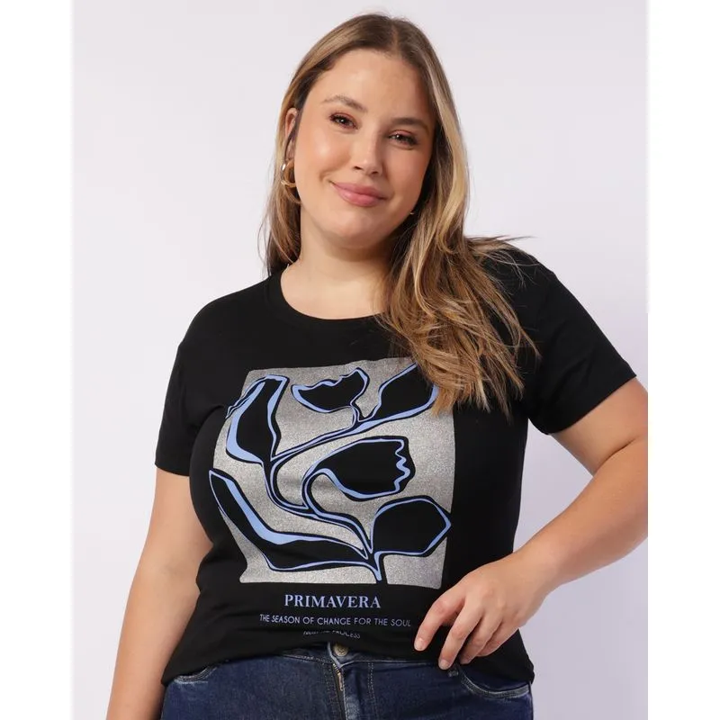 Blusa Plus Size Feminina Estampa Flor com Glitter Manga Curta Preta G1