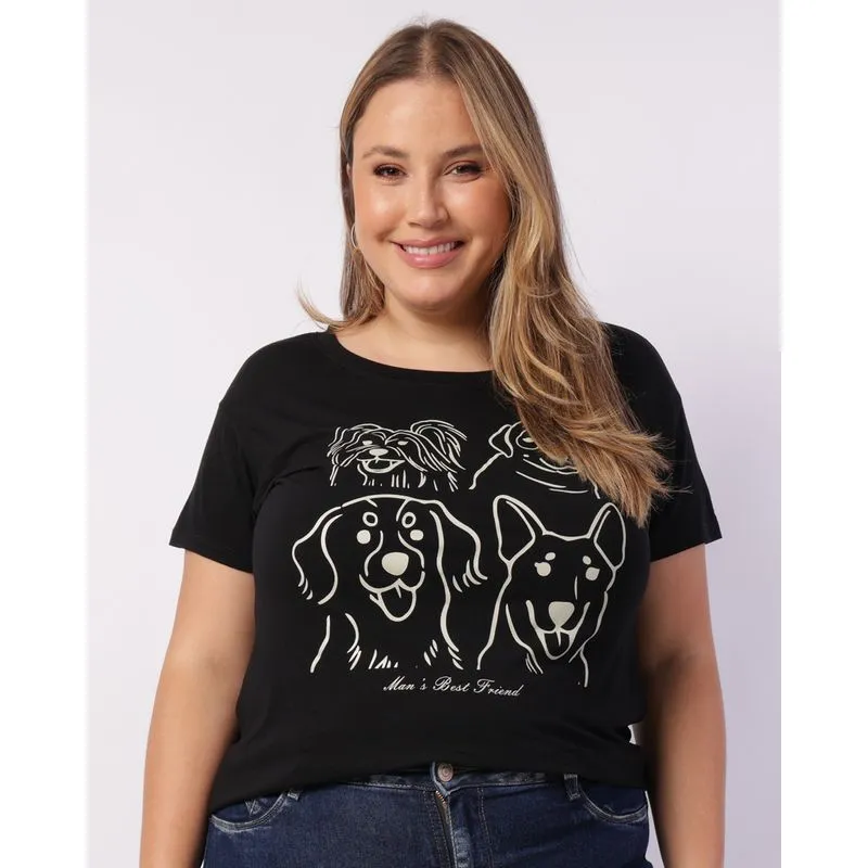 Blusa Plus Size Feminina Estampa Cachorros Manga Curta Preta G3