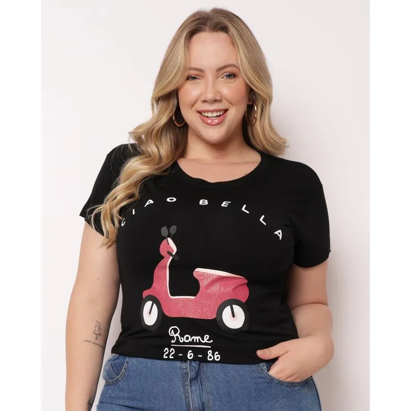 Blusa Plus Size Feminina com Estampa Frontal Preta G2