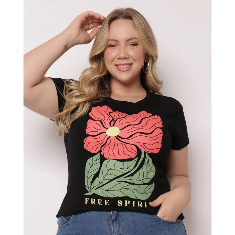 Blusa Plus Size Feminina com Estampa Flor Preta G2