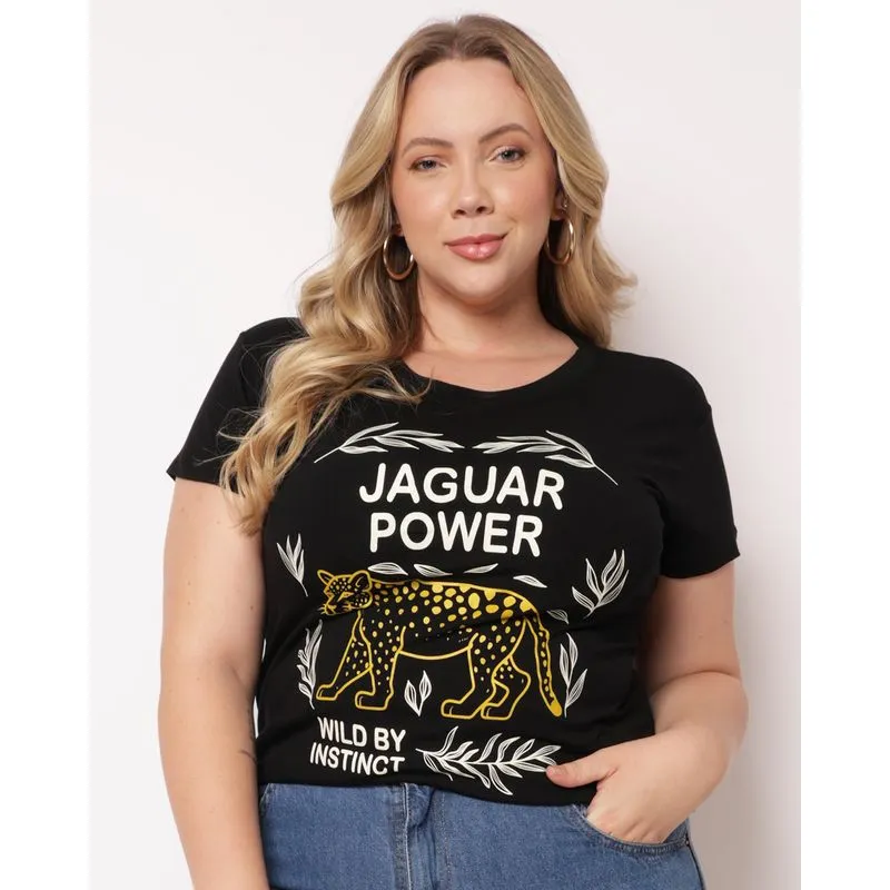 Blusa Plus Size Feminina com Estampa Jaguar Preta G3
