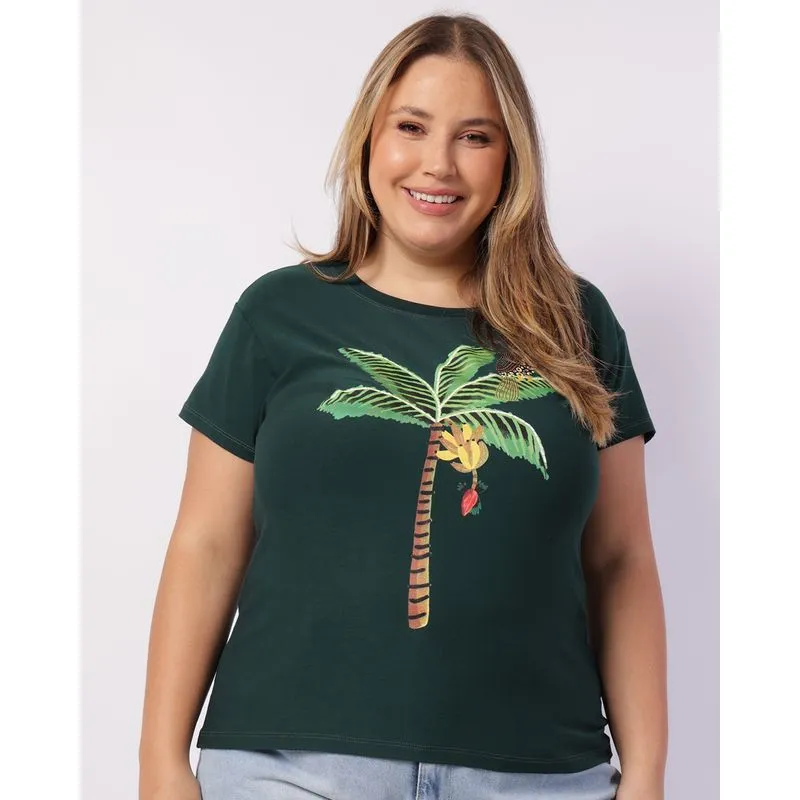 Blusa Plus Size Feminina Estampa Coqueiro Manga Curta Verde G1