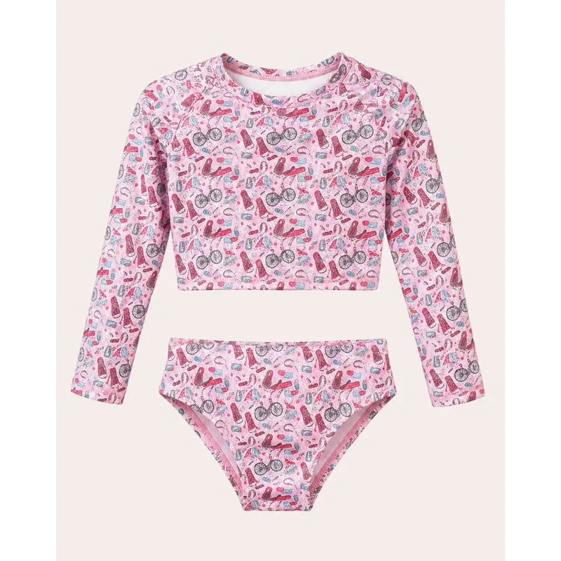 Conjunto Praia Infantil Cropped Manga Longa + Calcinha Biquini Estampado Rosa 6