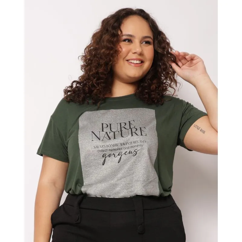 Blusa Plus Size Feminina Estampa Frontal Manga Curta Verde G2