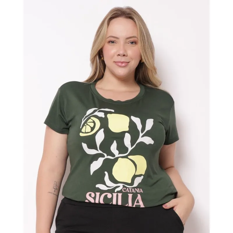 Blusa Feminina Plus Size com Estampa Manga Curta Verde G3