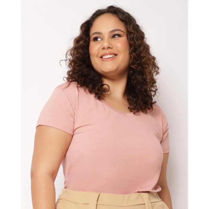 Blusa Plus Size Feminina Básica Decote V Manga Curta Rosa G2